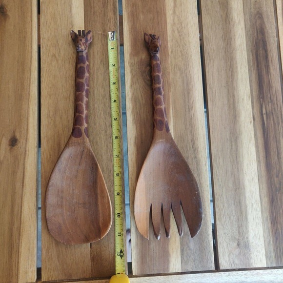 Giraffe Salad Server Set Hand Carved Wooden Spoon and Fork Whimsical Decor. - Picture 4 of 5